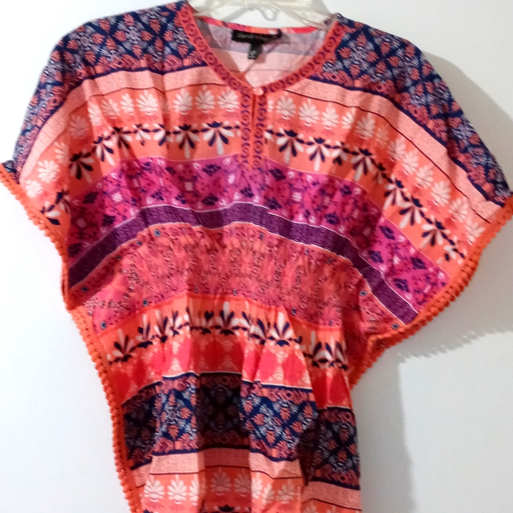 💚 Derek Heart Girl Pink Rayon V-neck Poncho w/armhole pom trim L/14  200